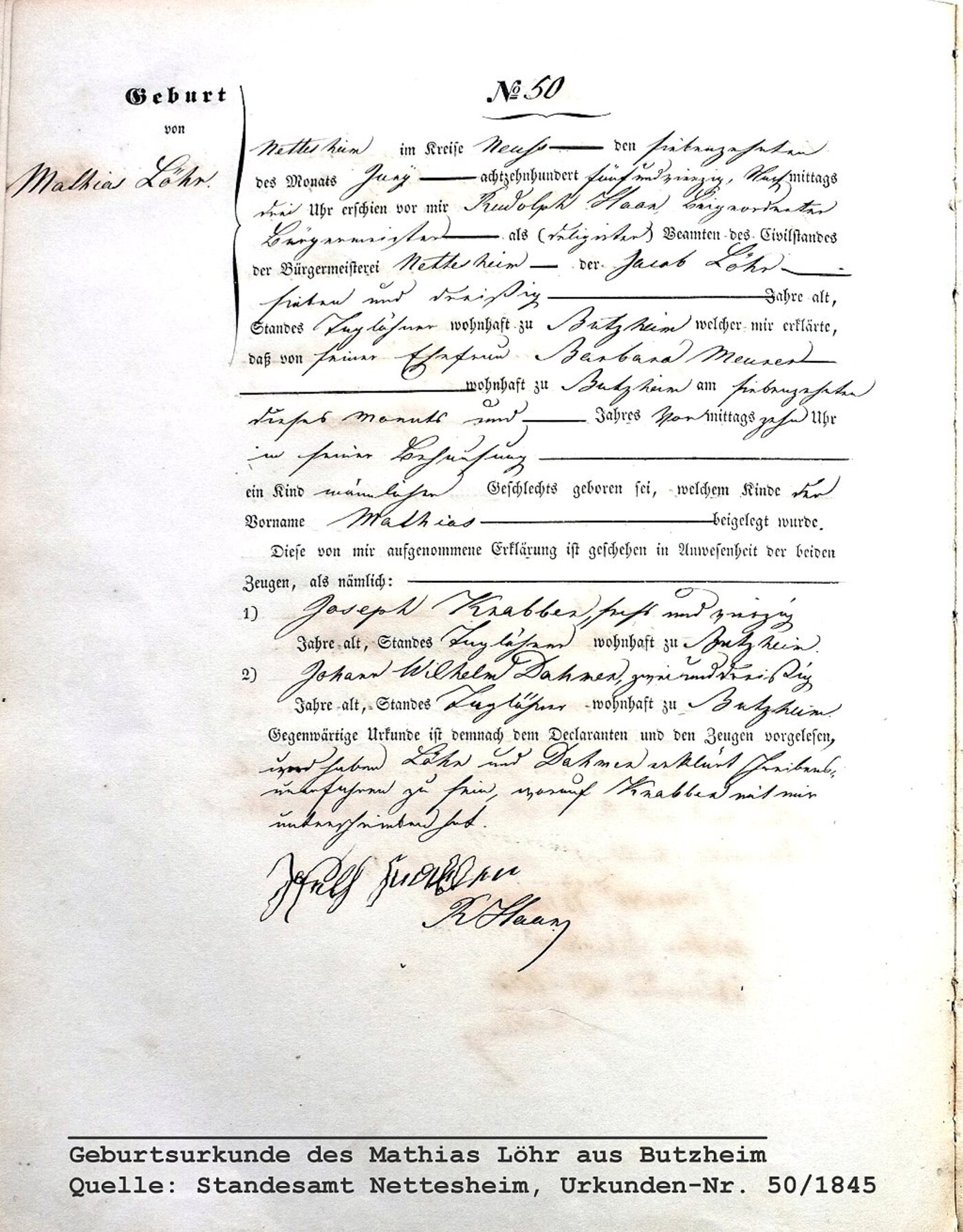 Preview of Mathias Löhr 1845 birth certificate